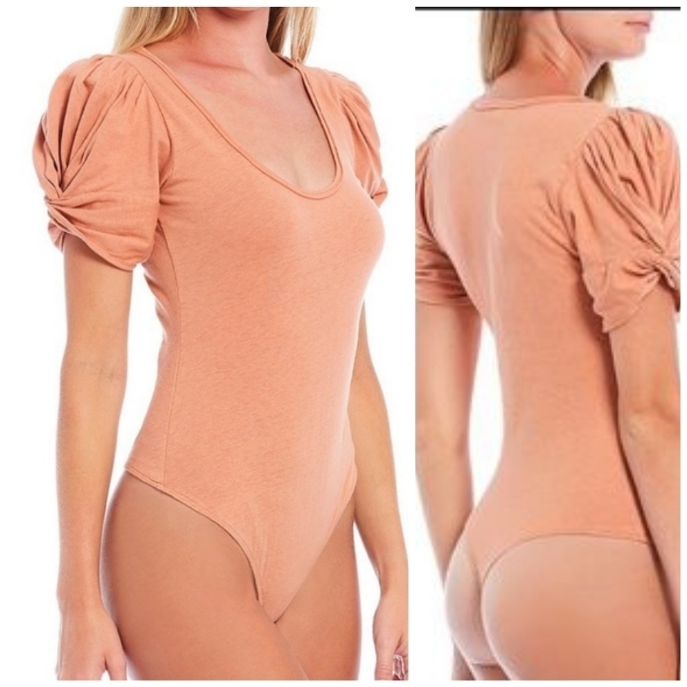 Free People Puff Sleeve Round Neck Bodycon Snap Closure Bodysuit
